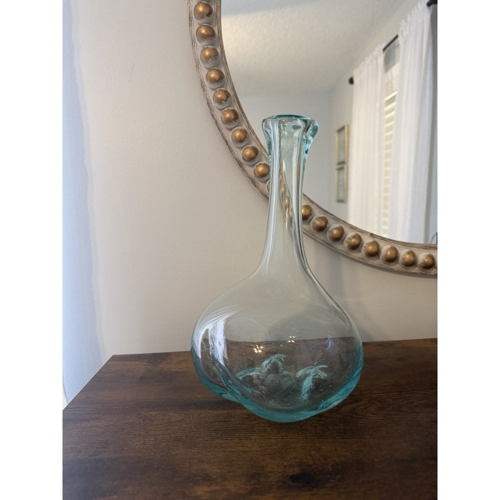 Hand Blown Studio Art Glass Driftwood Vase Aqua Pontil Swirl Decanter